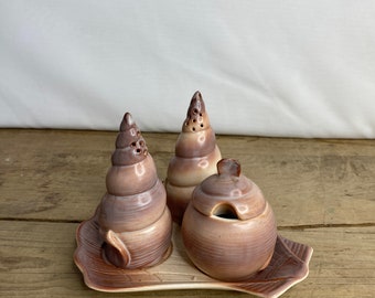 Vintage Sea Shell 4 piece Condiment Set. Brown and Cream Salt, Pepper and Mustard Set on a Shell Saucer. Good Condition
