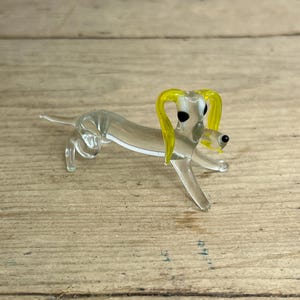 Vintage Quirky Clear and Yellow Glass Sausage / Daschund Dog - Lovely Item - In Very Good Condition
