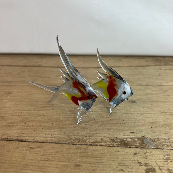 Vintage Quirky Pair of Large Clear and Multicoloured Glass Angel Fishes - Lovely Item - In Very Good Condition