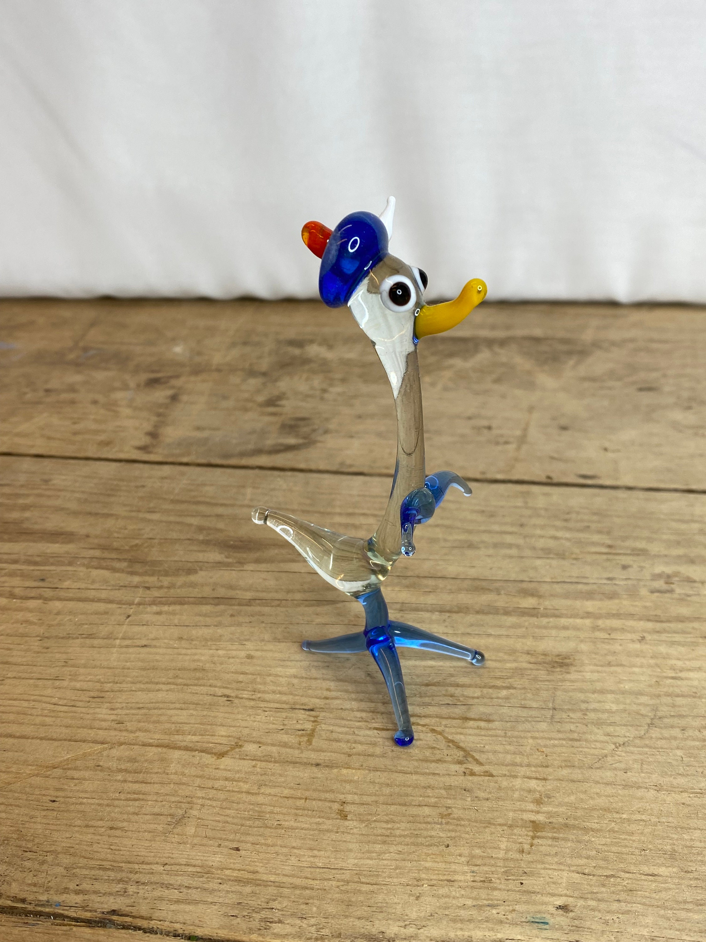 Vintage Quirky Large Clear and Blue Glass Duck in a Scottish Tam O