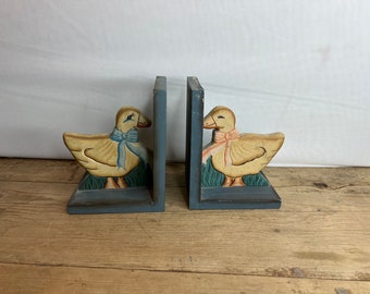 Vintage Pair of Duck Bookends, Blue Bases with Boy and Girl Ducks Good Condition