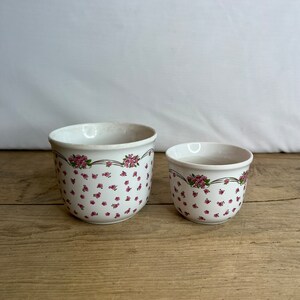 Pode incluir: Dois vasos de flores de cerâmica branca com um padrão floral. Os vasos apresentam um padrão repetido de pequenas flores rosa e uma faixa decorativa de flores rosa e folhas verdes perto da borda. Sobre uma superfície de madeira.