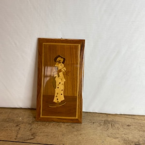 Vintage Handmade Inlaid Marquetry Treen Wooden Wall Hanging Plaque Picture Clown with Violin  Scene. Good Condition