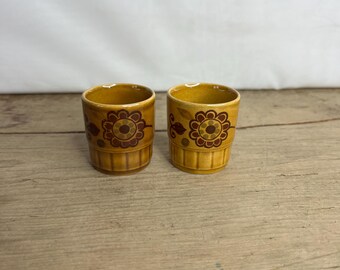 Vintage Pair of Royal Worcester / Palissy Mustard Brown Floral Pattern Egg Cups Good Condition