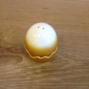 May include: A white and yellow ceramic salt shaker with two holes on top. The shaker has a rounded shape with a scalloped design at the base. The salt shaker is on a wooden surface.