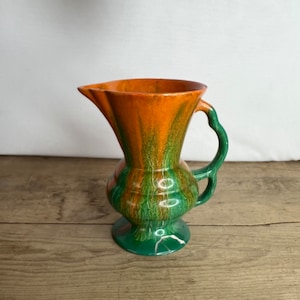 Vintage Unsigned Art Deco Green and Orange Water Jug / Vase with Unusual Handle - Base broken and repaired - see photo's