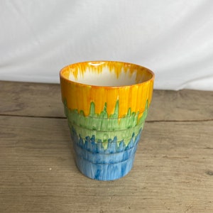 Vintage Swinnertons Hampton Ivory Ridged Beaker Orange, Green and Blue Dripware Design. In Good Condition