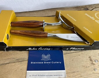 Vintage Mode Danish Boxed Teak Carving Set Clawfork & Knife Good Condition