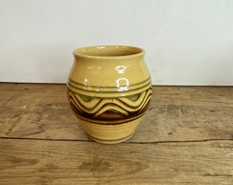 Vintage Cream and Brown Studio Pottery Brown Vase - Sign F Decorated with Wavy Design Mid Century Modern Good Condition