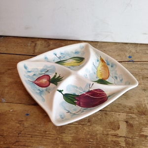 Puede incluir: Plato de cerámica blanca con cuatro compartimentos, cada uno decorado con una verdura pintada a mano: un calabacín amarillo, una remolacha roja, una pera naranja y una berenjena morada. El plato tiene un patrón floral azul claro.