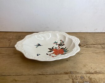 Vintage Unnamed White Large Vegetable Bowl with Red Flower Design and Fluted Edge - Good Condition