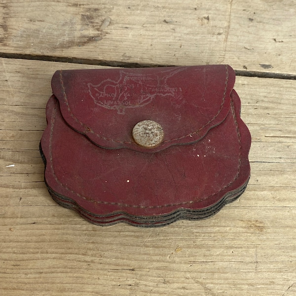 Vintage 1970's Small Red Coloured Leather Purse with Cyprus Island Impressed - Fastening Coin Purse Good Condition