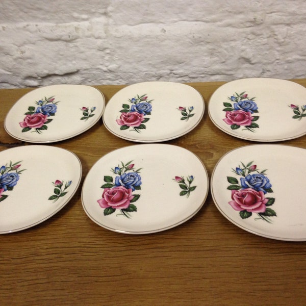 Vintage Set of 6 Alfred Meakin Coloured Roses Patterned Tea Plates Rounded Square Sandwich Plates Pretty Floral Pattern - Great Condition