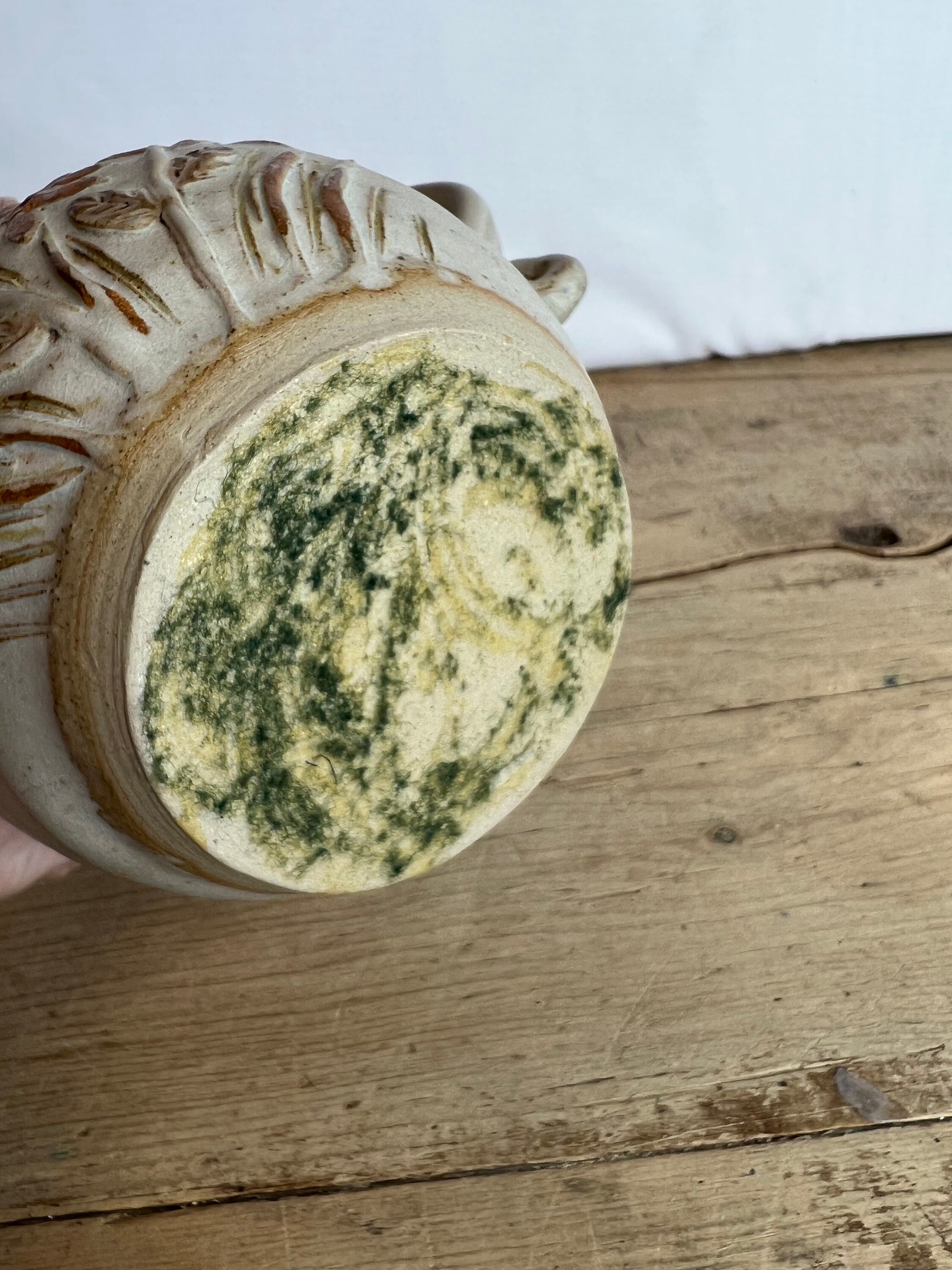 ヴィンテージ 無名スタジオ陶器 ライトグレー ブラウンとブルーの花柄