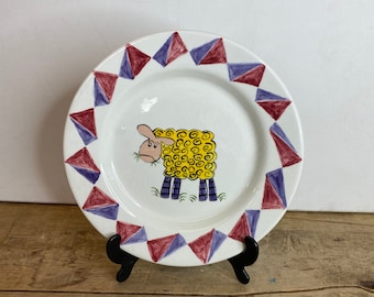 Vintage Quirky Handpainted Sheep Design Plate with Geometric Edge Signed P Sutcliffe 2001 - In Good Condition