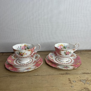 Vintage Pair of Royal Albert Lady Carlyle Pink Trio&#39;s, Tea Cups, Saucers and Side Plates - Good Condition
