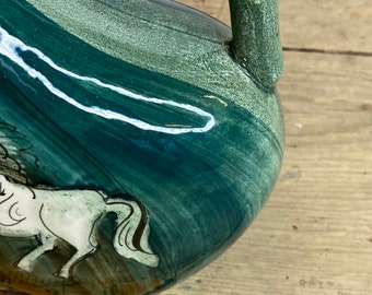 Vintage Babbacombe Pottery Torquay 'Lauriana Studio' Range Small Green In Good Condition Blue Bowl with Horse