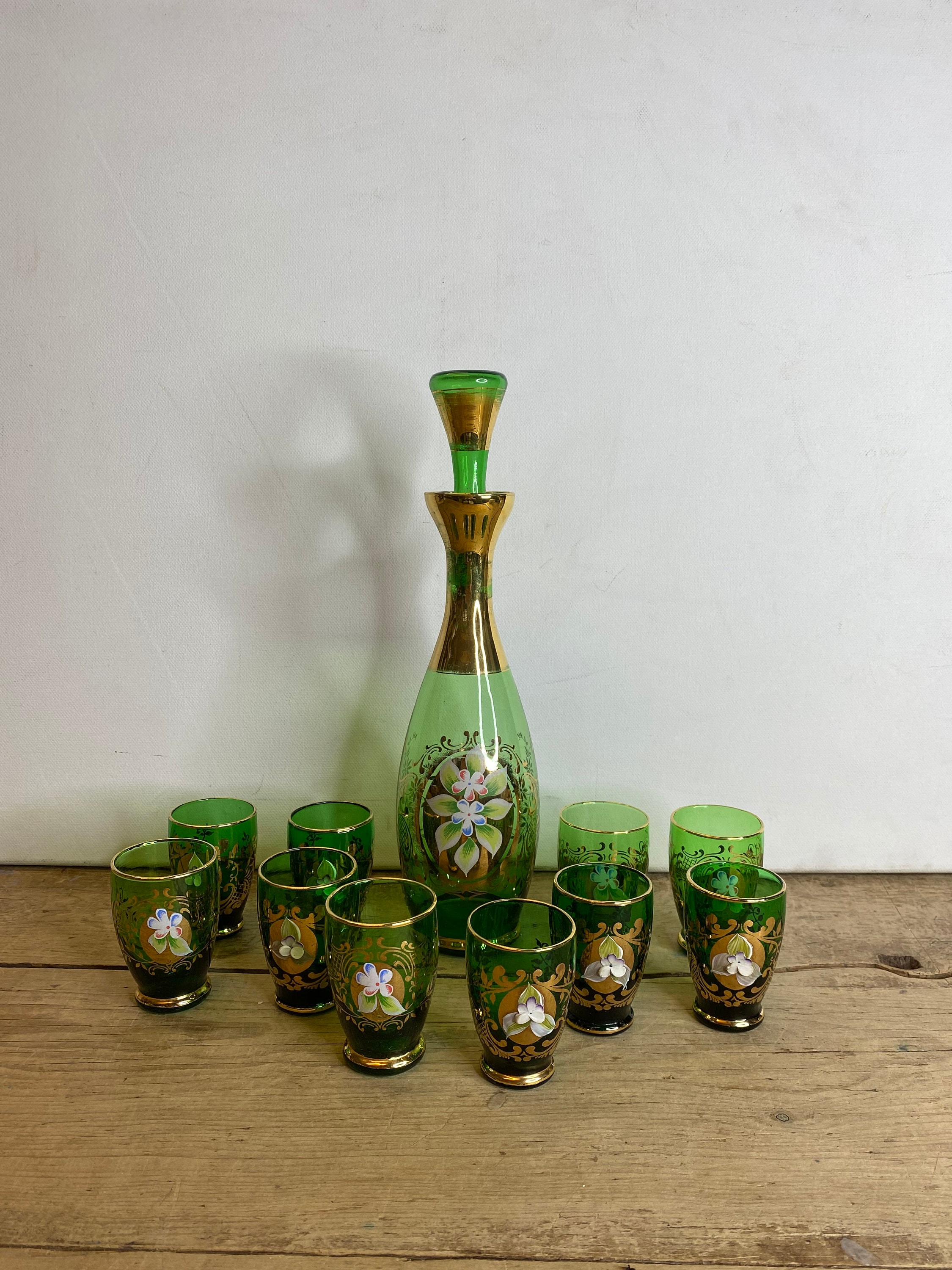 Vintage Czech Bohemian Art Glass Decanter Set Hand Painted Green & Gold  Decanter With 10 Matching Shot Glasses. in Good Condition -  Canada
