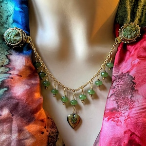 Vintage Jade Gemstone Brass Sweater Guard with Heart Locket