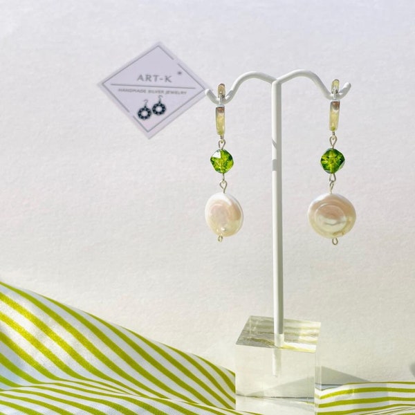 Peridot Earrings, Coin Pearl Earrings, Peridot and Pearl Earrings, Pearl Dangle earrings, Crystal earrings, Gift for her