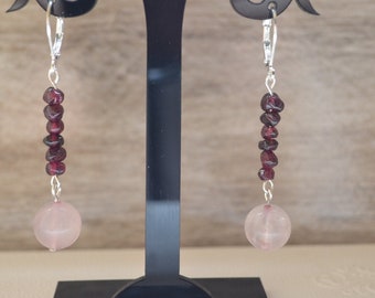 Rose Quartz and Red Garnet Earrings ! Gift for her ! Pink Rose Quartz Earrings! Garnet Earrings! Best Gift for Women! 925 silver earrings!