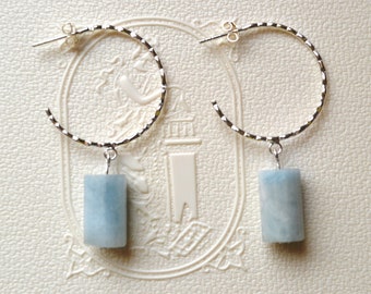 Raw Aquamarine Hoop Earrings, Hammered Sterling Silver, March Birthstone