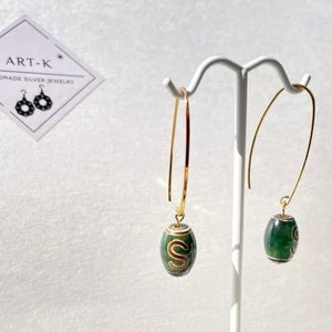 Money Hook Dzi Bead Earrings Sterling Silver, Tibetan Green Agate Earrings