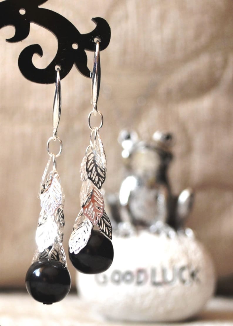 JeT Black Earrings Jet Stone Dangle Earrings with 925 Sterling Silver leaves Jet Stone Earrings 925 sterling silver dangle earrings!