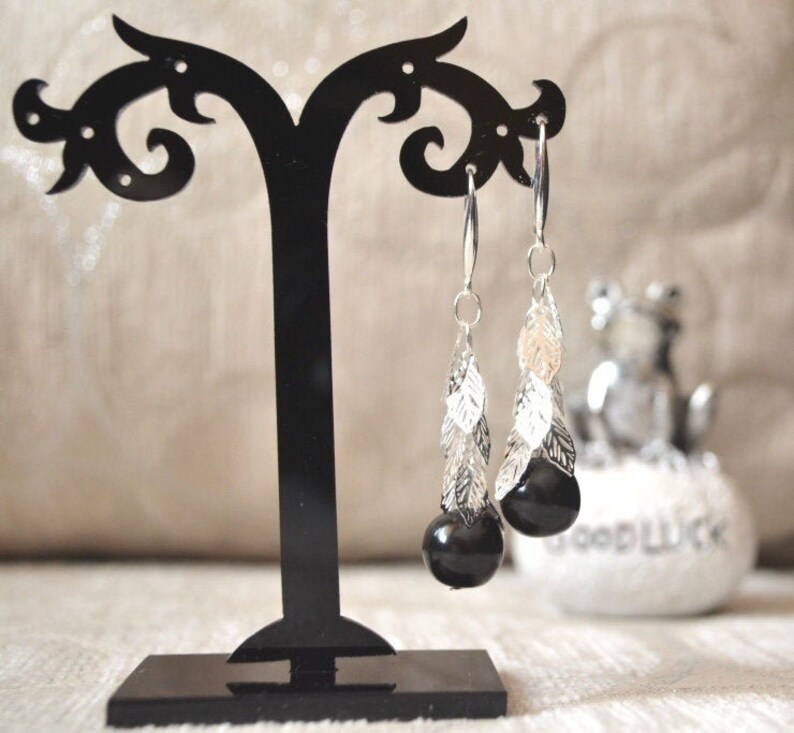JeT Black Earrings Jet Stone Dangle Earrings with 925 Sterling Silver leaves Jet Stone Earrings 925 sterling silver dangle earrings!