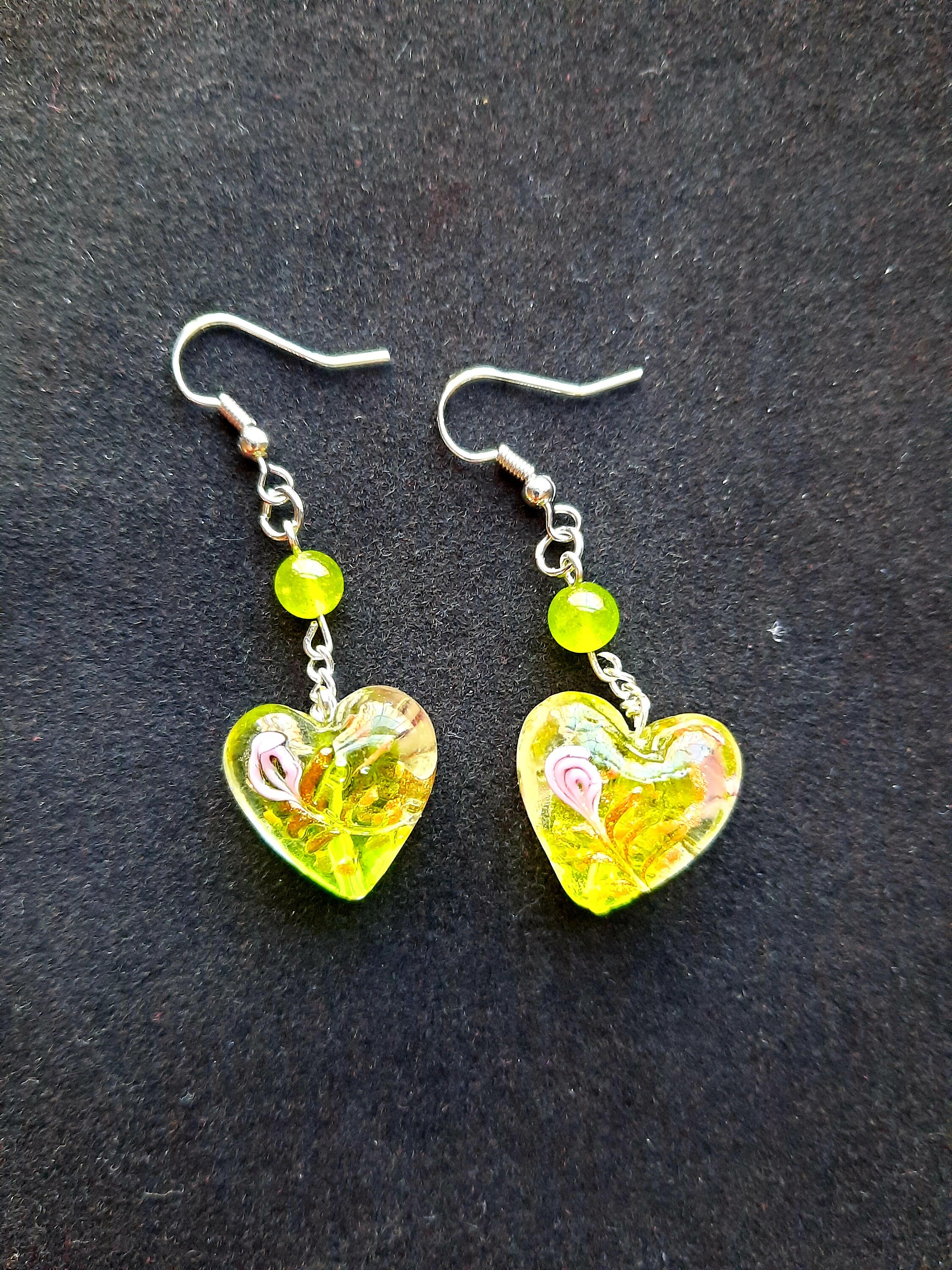 Green Heart Beaded Earrings Silver Wire Heart Earrings Etsy