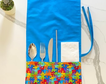 Autism Awareness Eco-Friendly Fabric Utensil Wrap/Travel Cutlery Holder