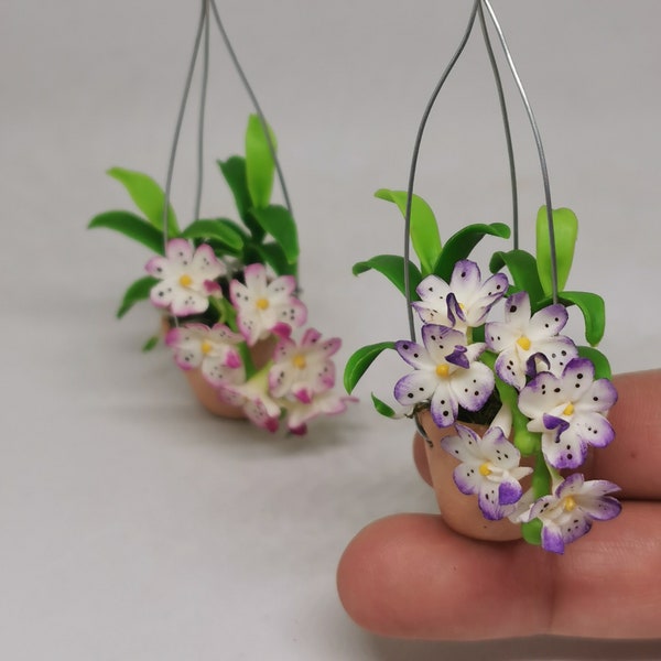 Hanging Terracotta Pot Of Rhynchostylis gigantea orchid Clay Miniature Dollhouse 1/12 scale