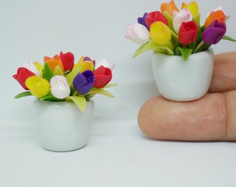 Multi Colour Tulip Flower in Ceramic Vase Miniature Dollhouse Handmade