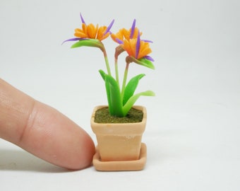 Bird of paradise Clay in Terracotta Pot Miniature Dollhouse Handmade 1/12 scale