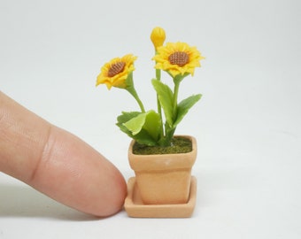 Sunflower flower Clay in Terracotta Pot Miniature Dollhouse Handmade 1/12 scale