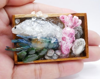 Miniature Seafood Tray: Handmade Clay Dollhouse Food Decor