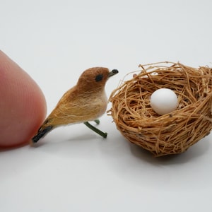 以下が含まれることがあります： 茶色とベージュの羽を持つミニチュアの鳥が、白い卵が入った小さな巣の近くに立っています。巣は織り込まれた小枝でできています。鳥は緑色の茎にとまっています。シーンは白い背景に対して設定されています。