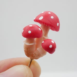 May include: A cluster of three miniature mushrooms with bright red caps and white spots. The stems are a pale beige color. The mushrooms are held by a hand against a plain white background. The overall theme is nature and fantasy.