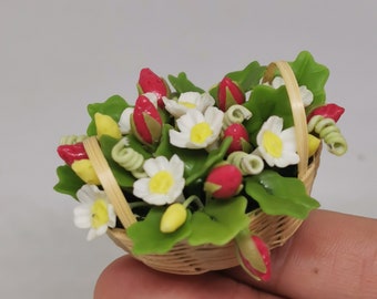 Strawberry Tree in Bamboo Basket Miniature Dollhouse Handmade
