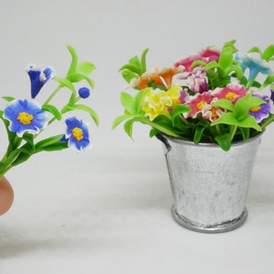 Blue Dianthus Chinensis Clay Flower Ceramic Pot Dollhouse Miniature Handmade 