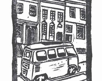 San Francisco Architecture and VW Bus Linocut Print Original Artwork