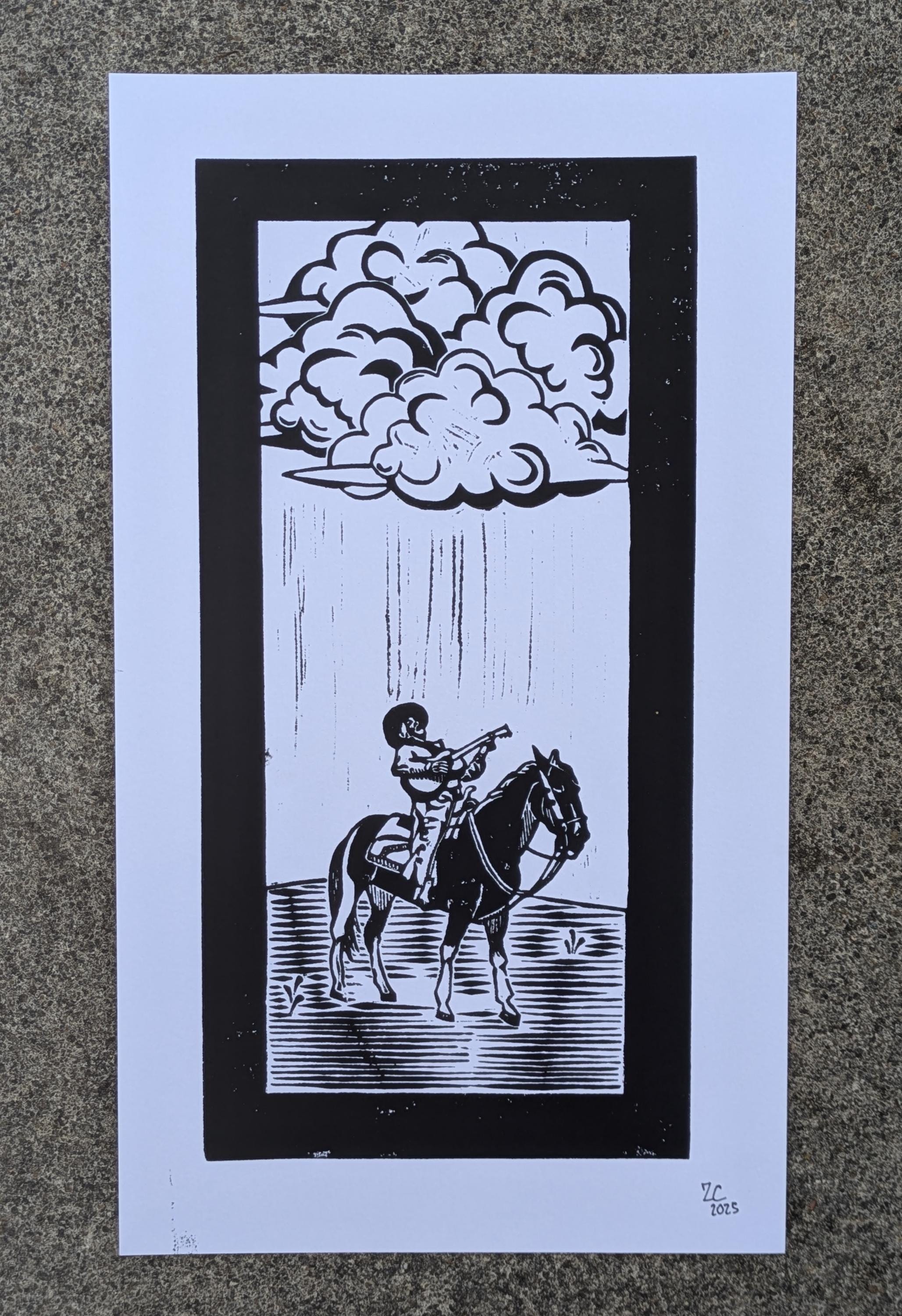 Trail Song. Cowboy Playing Guitar on Horseback original linocut. 8x14" Linocut Original. Handprinted western art.