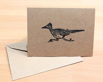 Linocut Greeting Card, bird art, roadrunner.