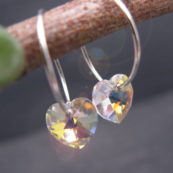 Sterling silver and Swarovski crystal heart hoop earrings. Aurora borealis/northern lights heart earrings. 18mm silver hoops.