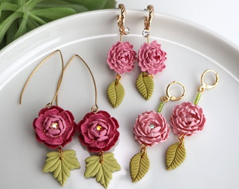 Polymer clay pink flower earrings | floral drop earrings