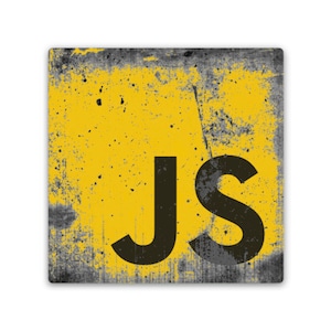 Może przedstawiać: Żółty znak z wytartym, zużytym wyglądem, z literami "JS" w kolorze czarnym.