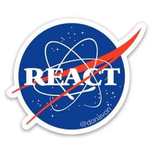 Peut inclure: Un autocollant bleu et rouge avec un symbole d'atome blanc et le mot "REACT" en lettres blanches. L'autocollant a une bordure blanche et le texte "@donavon" en lettres blanches en bas.