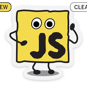 Könnte beinhalten: Ein gelber quadratischer Aufkleber mit einem Comic-Gesicht und den Buchstaben "JS" in Schwarz. Der Aufkleber hat Kulleraugen und zwei kleine Arme und Beine.