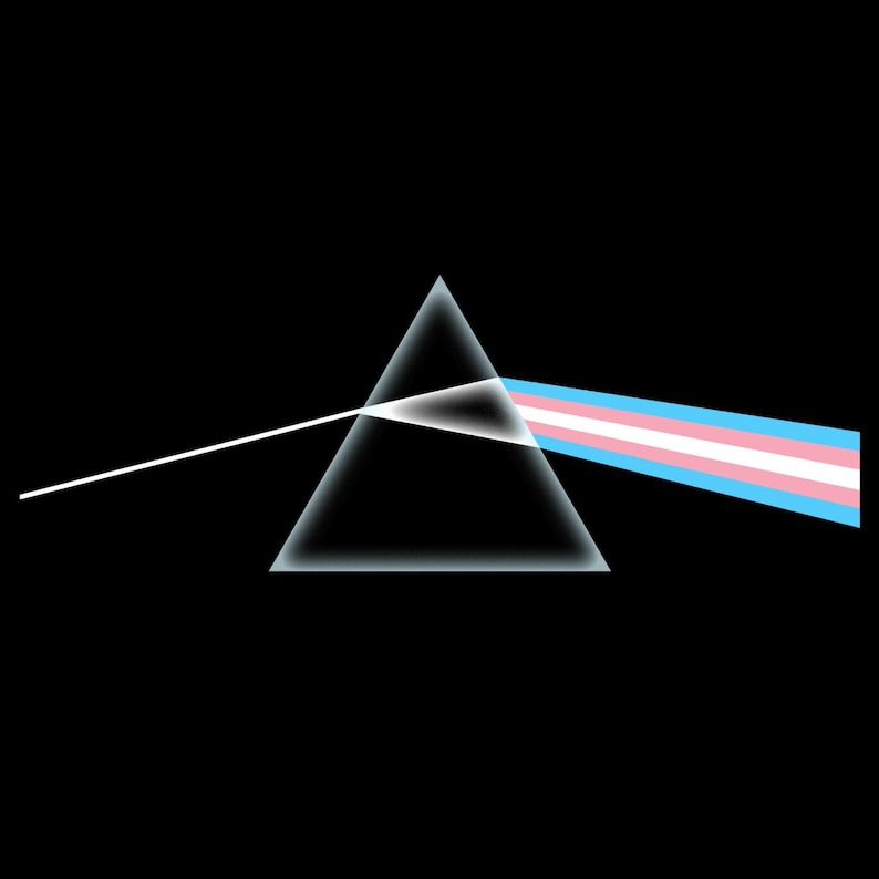 May include: A black background with a white triangle prism and a beam of light refracting into a horizontal band of blue, pink, and white stripes, representing the transgender pride flag.