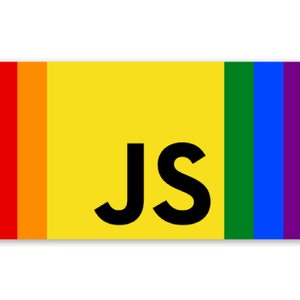 Może przedstawiać: Żółty prostokąt z tęczową ramką i tekstem "JS" w kolorze czarnym.